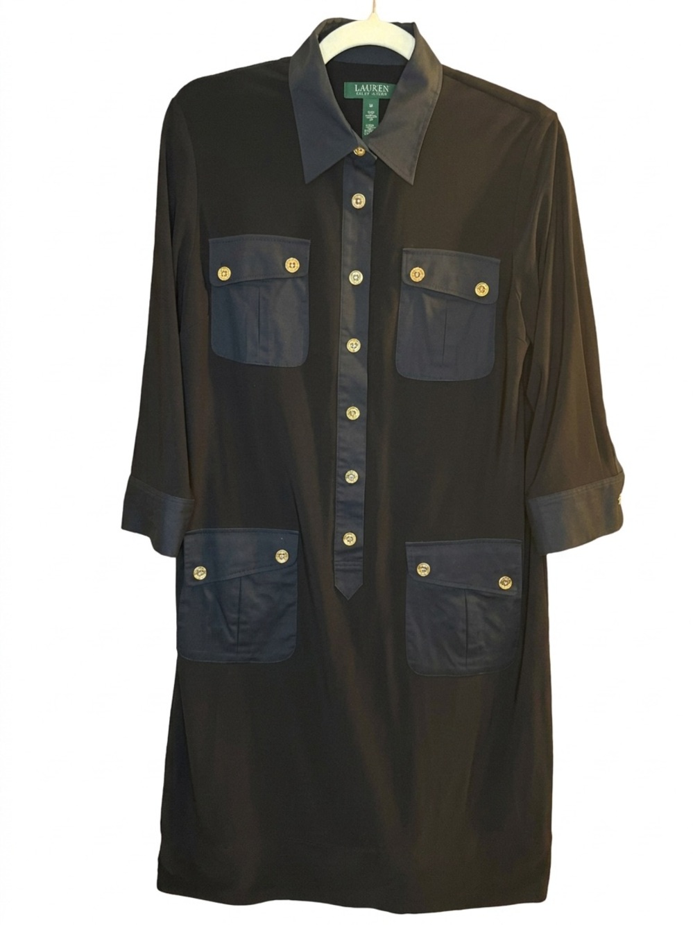 Ralph Lauren black gold button patch pocket collared button down shirt dress